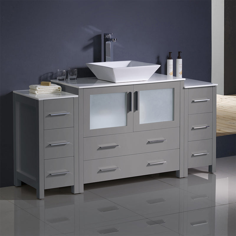 Fresca Torino 60" Gray Modern Bathroom Cabinets with Top and Vessel Sink FCB62-123612GR-CWH-V