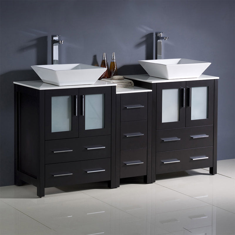 Fresca Torino 60" Espresso Modern Double Sink Bathroom Cabinets with Tops and Vessel Sinks FCB62-241224ES-CWH-V