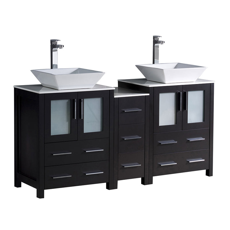 Fresca Torino 60" Espresso Modern Double Sink Bathroom Cabinets w/ Tops & Vessel Sinks FCB62-241224ES-CWH-V