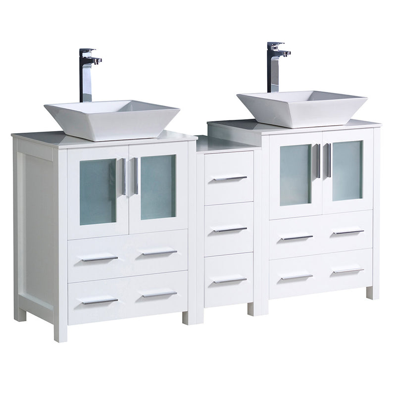 Fresca Torino 60" White Modern Double Sink Bathroom Cabinets w/ Tops & Vessel Sinks FCB62-241224WH-CWH-V