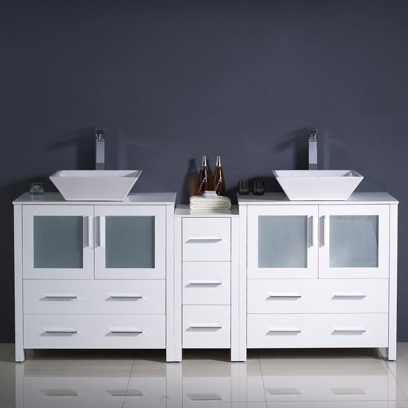 Fresca Torino 72" White Modern Double Sink Bathroom Cabinets with Tops and Vessel Sinks FCB62-301230WH-CWH-V