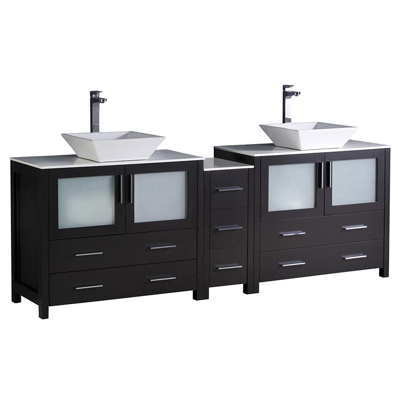 Fresca Torino 84" Espresso Modern Double Sink Bathroom Cabinets w/ Tops & Vessel Sinks FCB62-361236ES-CWH-V