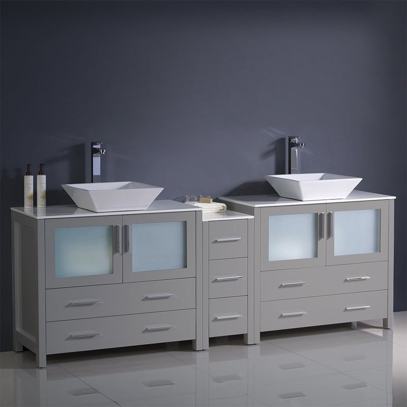 Fresca Torino 84" Gray Modern Double Sink Bathroom Cabinets with Tops and Vessel Sinks FCB62-361236GR-CWH-V