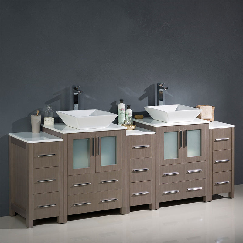 Fresca Torino 84" Gray Oak Modern Double Sink Bathroom Cabinets with Tops and Vessel Sinks FCB62-72GO-CWH-V