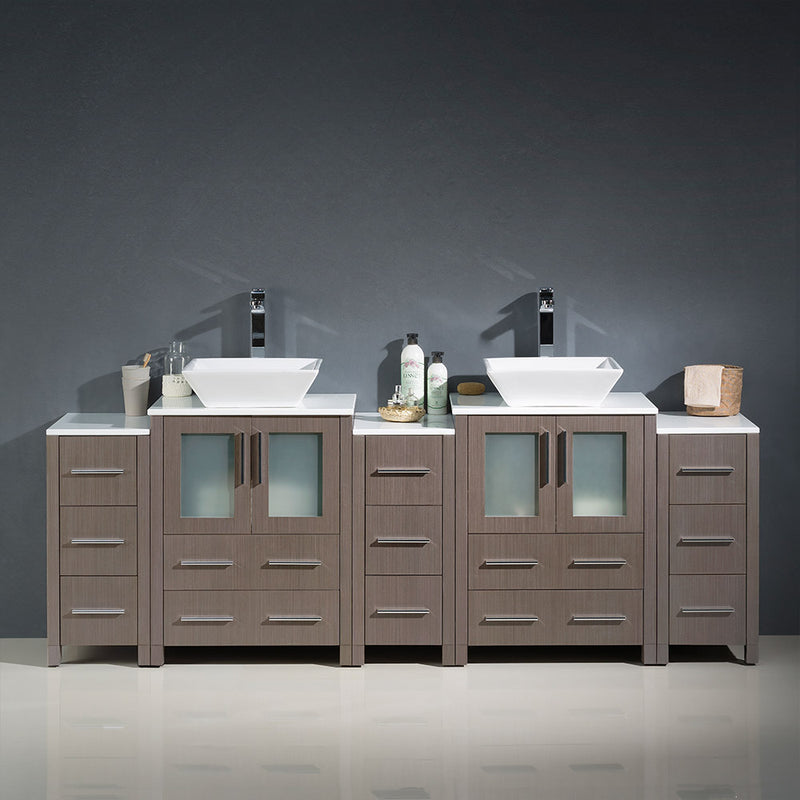 Fresca Torino 84" Gray Oak Modern Double Sink Bathroom Cabinets with Tops and Vessel Sinks FCB62-72GO-CWH-V