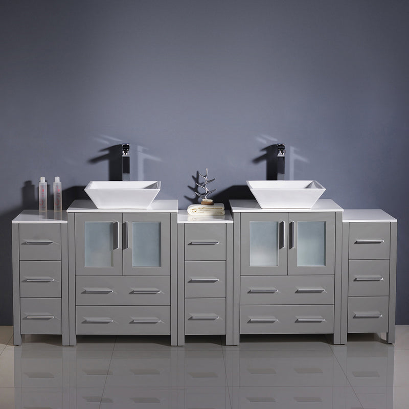 Fresca Torino 84" Gray Modern Double Sink Bathroom Cabinets with Tops and Vessel Sinks FCB62-72GR-CWH-V