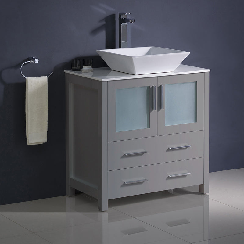 Fresca Torino 30" Gray Modern Bathroom Cabinet with Top and Vessel Sink FCB6230GR-CWH-V