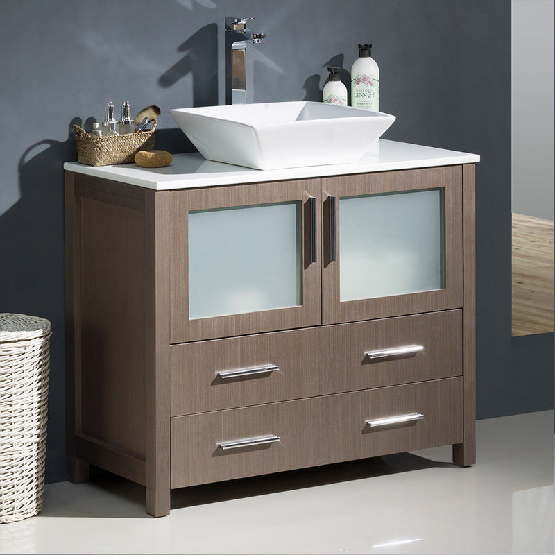 Fresca Torino 36" Gray Oak Modern Bathroom Cabinet with Top and Vessel Sink FCB6236GO-CWH-V