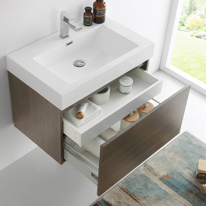 Fresca Mezzo 30" Gray Oak Wall Hung Modern Bathroom Cabinet with Integrated Sink FCB8007GO-I