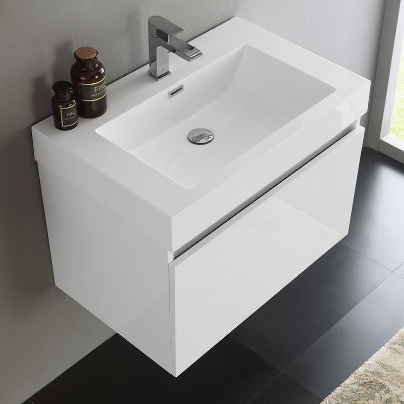 Fresca Mezzo 30" White Wall Hung Modern Bathroom Cabinet with Integrated Sink FCB8007WH-I