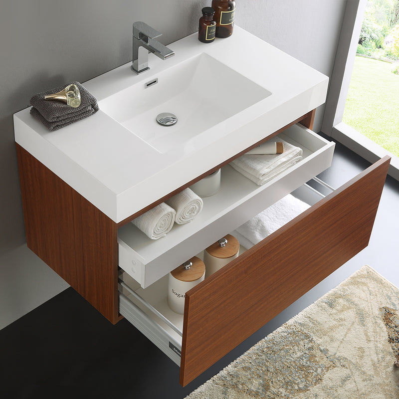 Fresca Mezzo 36" Teak Wall Hung Modern Bathroom Cabinet with Integrated Sink FCB8008TK-I