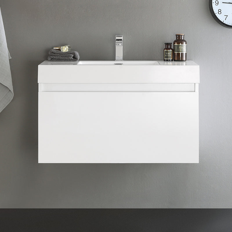 Fresca Mezzo 36" White Wall Hung Modern Bathroom Cabinet with Integrated Sink FCB8008WH-I