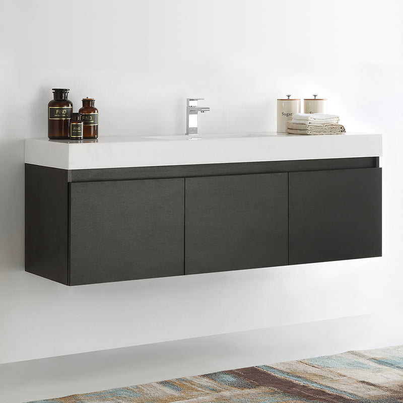 Fresca Mezzo 60" Black Wall Hung Single Sink Modern Bathroom Cabinet with Integrated Sink FCB8041BW-I