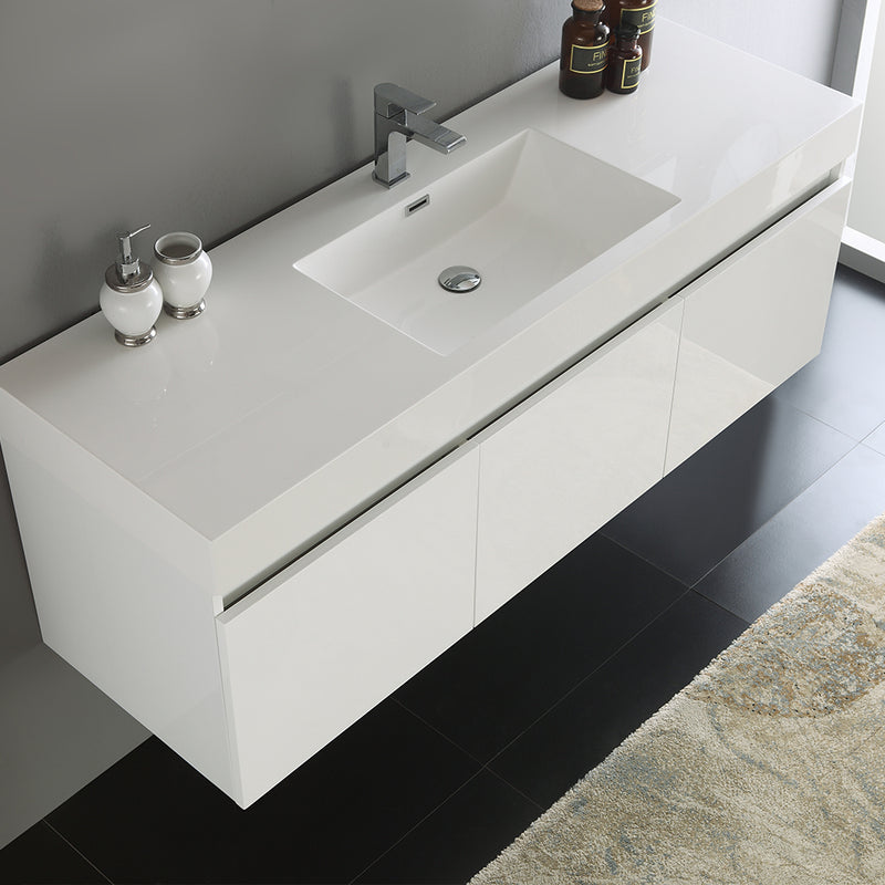 Fresca Mezzo 60" White Wall Hung Single Sink Modern Bathroom Cabinet with Integrated Sink FCB8041WH-I