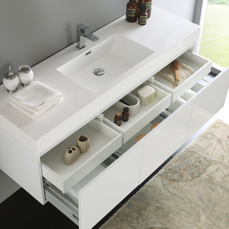 Fresca Mezzo 60" White Wall Hung Single Sink Modern Bathroom Cabinet with Integrated Sink FCB8041WH-I