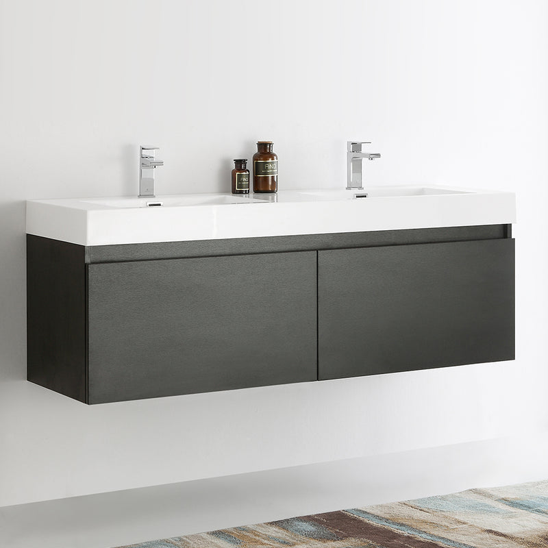 Fresca Mezzo 60" Black Wall Hung Double Sink Modern Bathroom Cabinet with Integrated Sink FCB8042BW-I