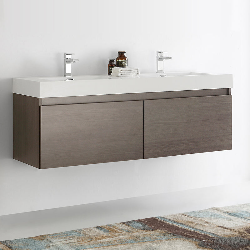 Fresca Mezzo 60" Gray Oak Wall Hung Double Sink Modern Bathroom Cabinet with Integrated Sink FCB8042GO-I