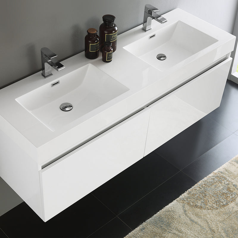 Fresca Mezzo 60" White Wall Hung Double Sink Modern Bathroom Cabinet with Integrated Sink FCB8042WH-I