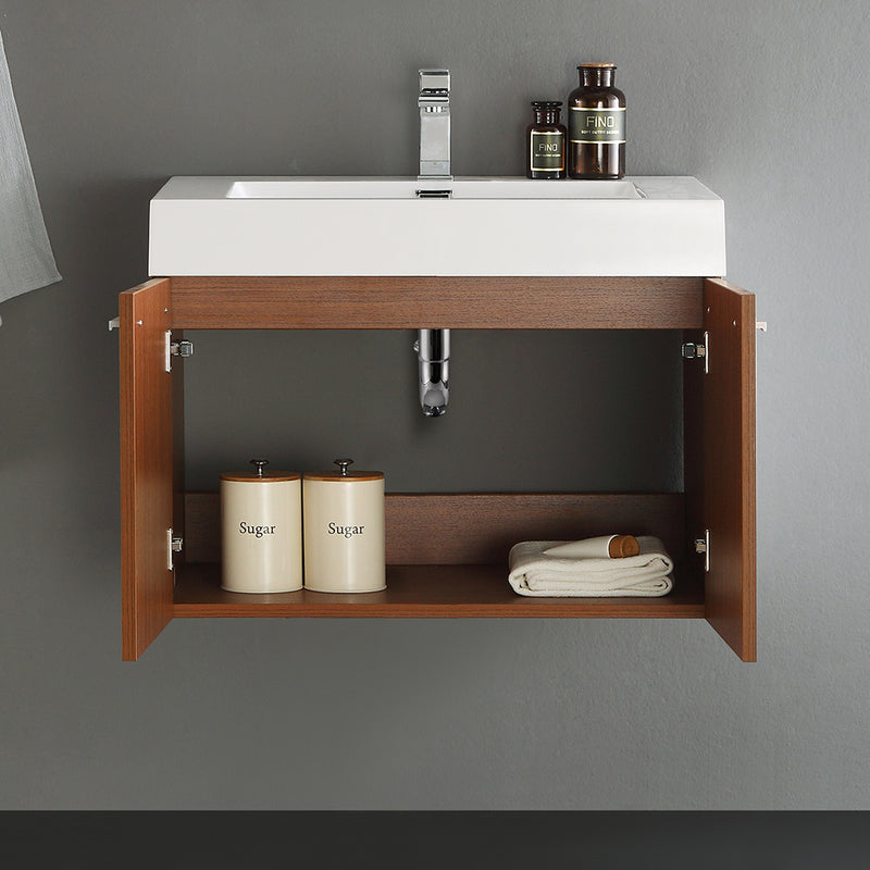 Fresca Vista 30" Teak Wall Hung Modern Bathroom Cabinet with Integrated Sink FCB8089TK-I