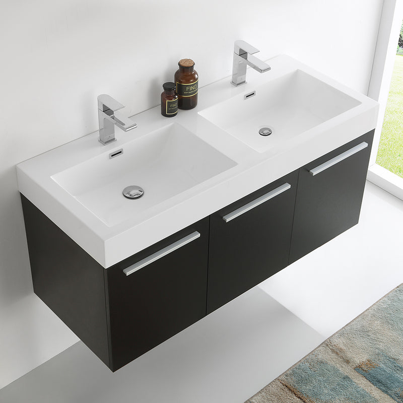 Fresca Vista 48" Black Wall Hung Double Sink Modern Bathroom Cabinet with Integrated Sink FCB8092BW-D-I