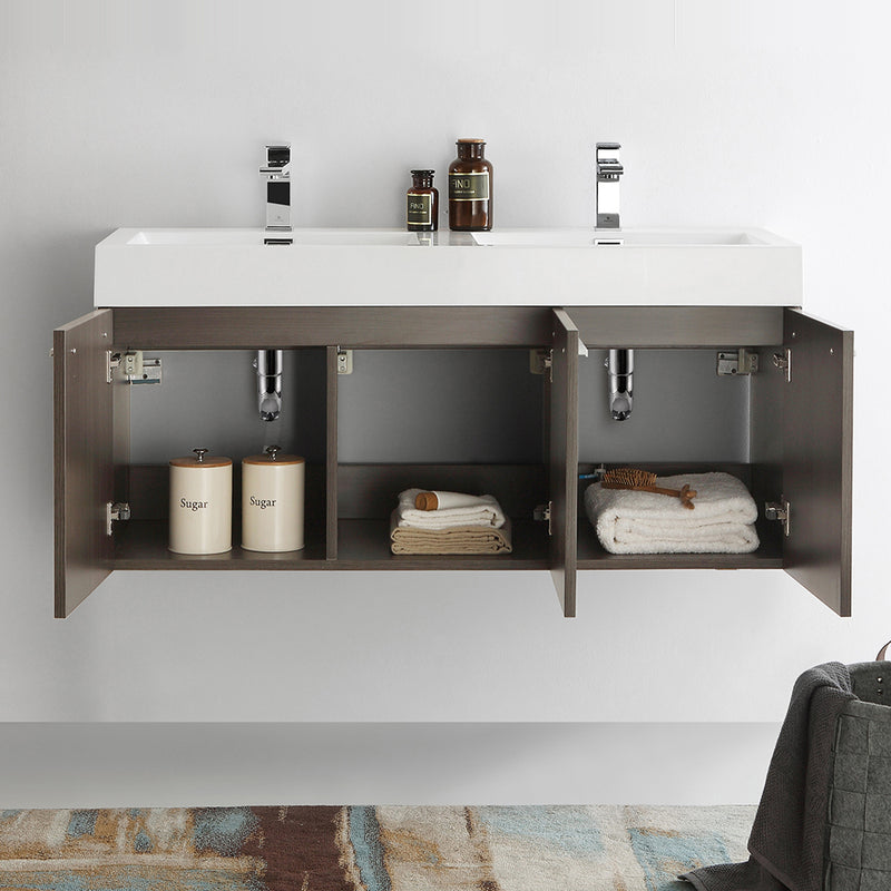 Fresca Vista 48" Gray Oak Wall Hung Double Sink Modern Bathroom Cabinet with Integrated Sink FCB8092GO-D-I