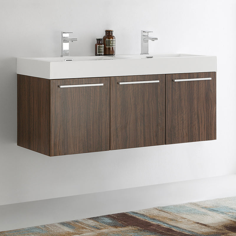 Fresca Vista 48" Walnut Wall Hung Double Sink Modern Bathroom Cabinet with Integrated Sink FCB8092GW-D-I