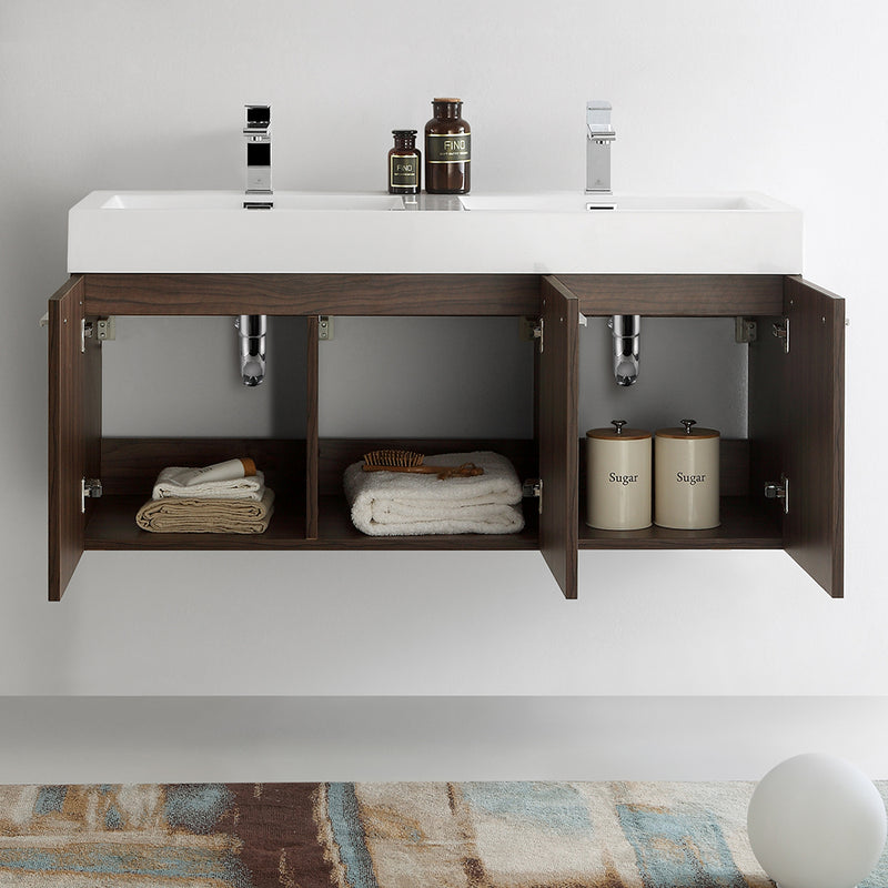 Fresca Vista 48" Walnut Wall Hung Double Sink Modern Bathroom Cabinet with Integrated Sink FCB8092GW-D-I