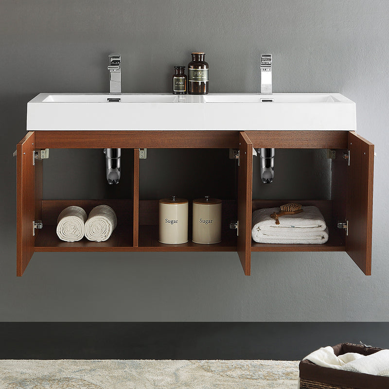 Fresca Vista 48" Teak Wall Hung Double Sink Modern Bathroom Cabinet with Integrated Sink FCB8092TK-D-I