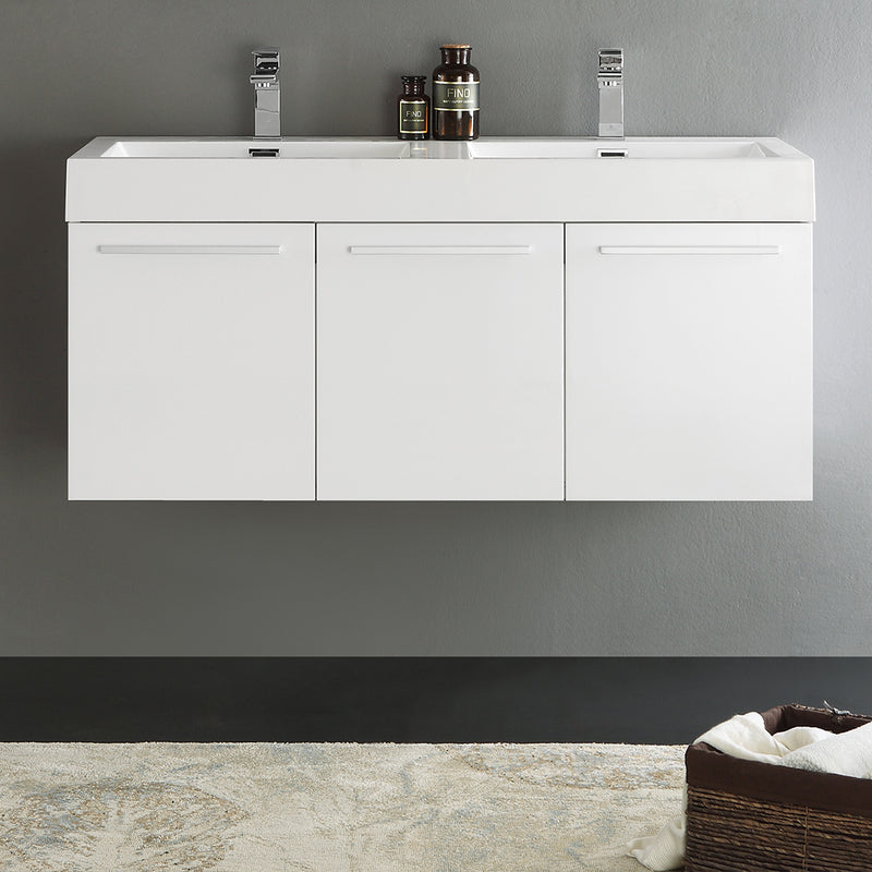 Fresca Vista 48" White Wall Hung Double Sink Modern Bathroom Cabinet with Integrated Sink FCB8092WH-D-I