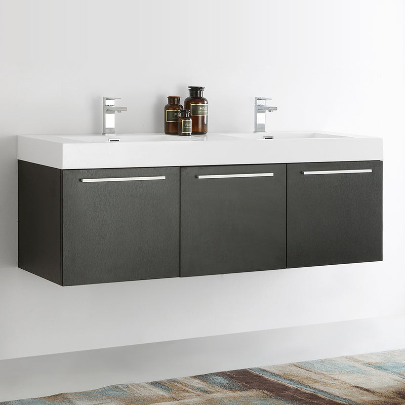 Fresca Vista 60" Black Wall Hung Double Sink Modern Bathroom Cabinet with Integrated Sink FCB8093BW-D-I