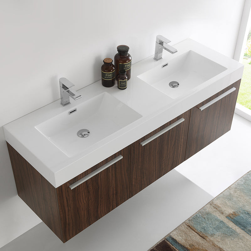 Fresca Vista 60" Walnut Wall Hung Double Sink Modern Bathroom Cabinet with Integrated Sink FCB8093GW-D-I