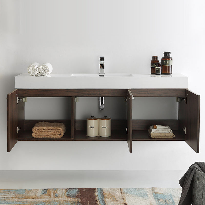 Fresca Vista 60" Walnut Wall Hung Single Sink Modern Bathroom Cabinet with Integrated Sink FCB8093GW-I