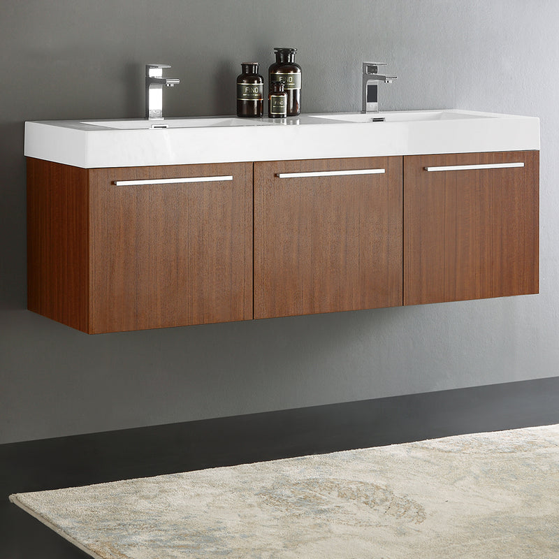 Fresca Vista 60" Teak Wall Hung Double Sink Modern Bathroom Cabinet with Integrated Sink FCB8093TK-D-I