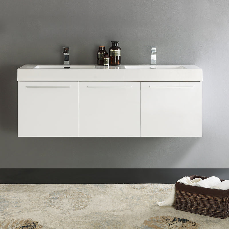 Fresca Vista 60" White Wall Hung Double Sink Modern Bathroom Cabinet with Integrated Sink FCB8093WH-D-I