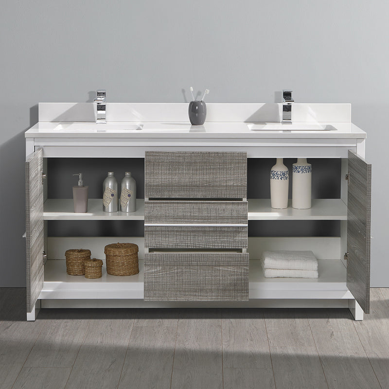 Fresca Allier Rio 60" Ash Gray Double Sink Modern Bathroom Cabinet with Top and Sinks FCB8119HA-CWH-U