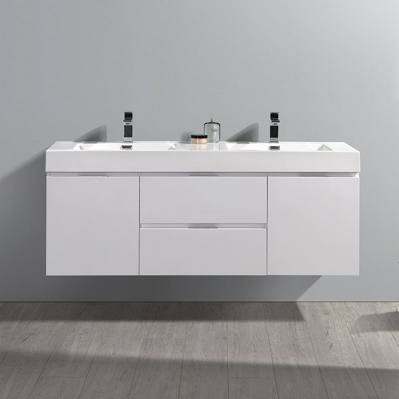 Fresca Valencia 60" Glossy White Wall Hung Double Sink Modern Bathroom Vanity FCB8360WH-D-I