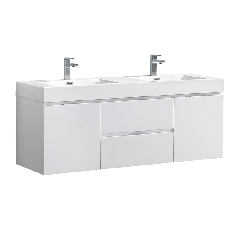 Fresca Valencia 60" Glossy White Wall Hung Double Sink Modern Bathroom Vanity  FCB8360WH-D-I