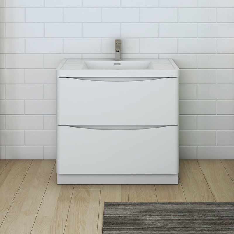 Fresca Tuscany 36" Glossy White Free Standing Modern Bathroom Cabinet with Integrated Sink FCB9136WH-I