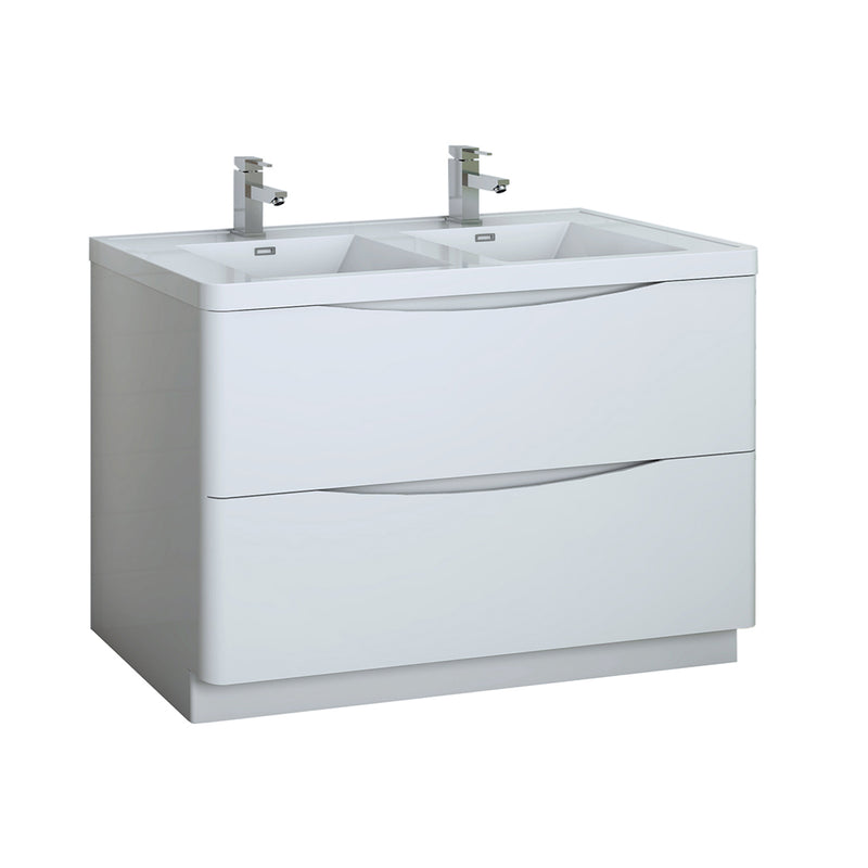 Fresca Tuscany 48" Glossy White Free Standing Modern Bathroom Cabinet w/ Integrated Double Sink FCB9148WH-D-I