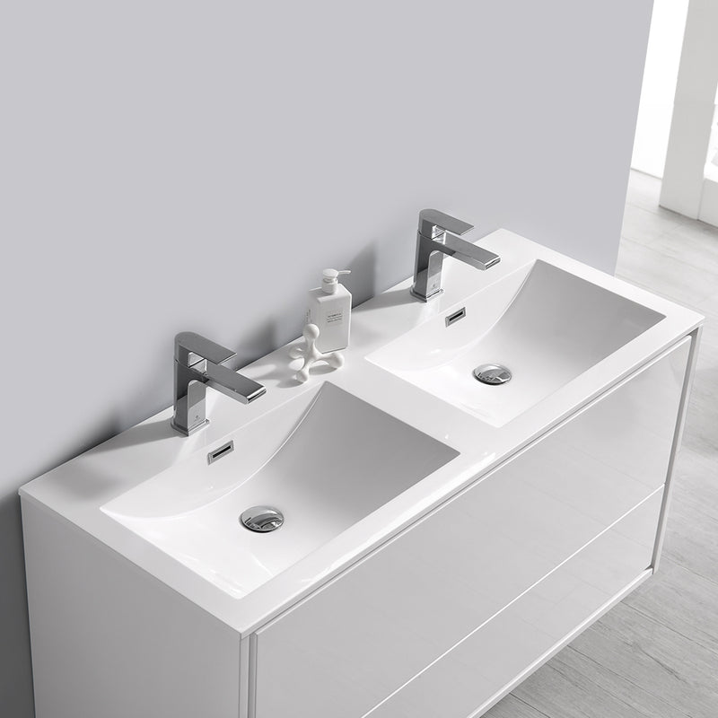 Fresca Catania 48" Glossy White Wall Hung Modern Bathroom Cabinet with Integrated Double Sink FCB9248WH-D-I