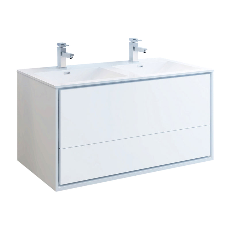 Fresca Catania 48" Glossy White Wall Hung Modern Bathroom Cabinet w/ Integrated Double Sink FCB9248WH-D-I