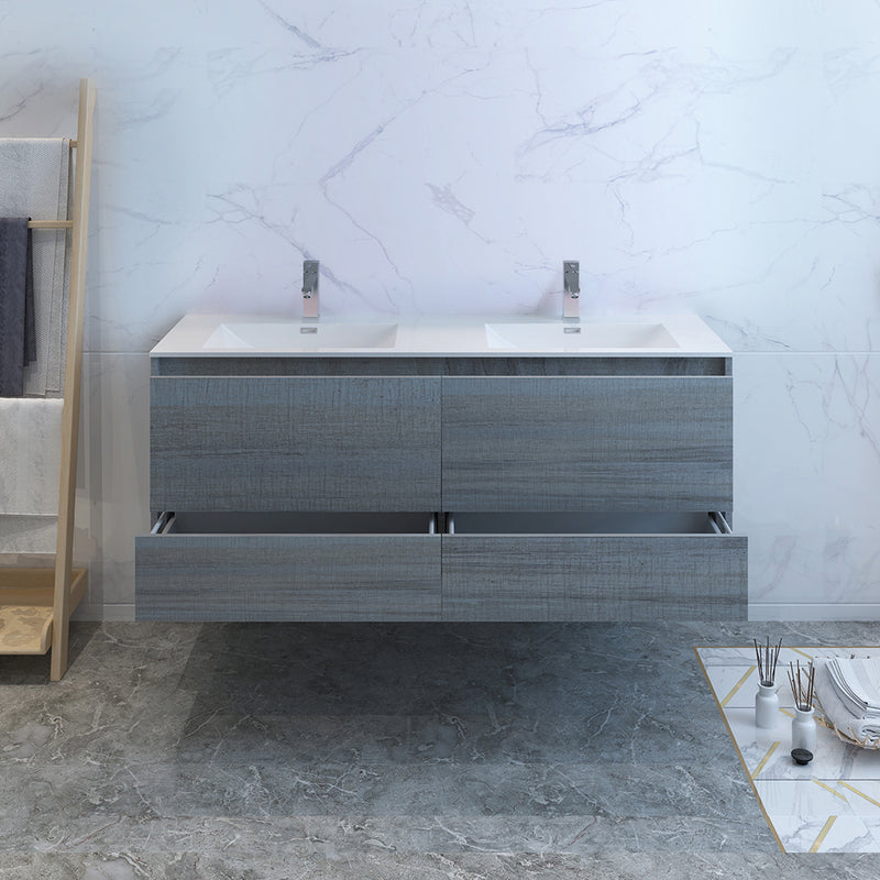 Fresca Catania 60" Ocean Gray Wall Hung Modern Bathroom Cabinet with Integrated Double Sink FCB9260OG-D-I