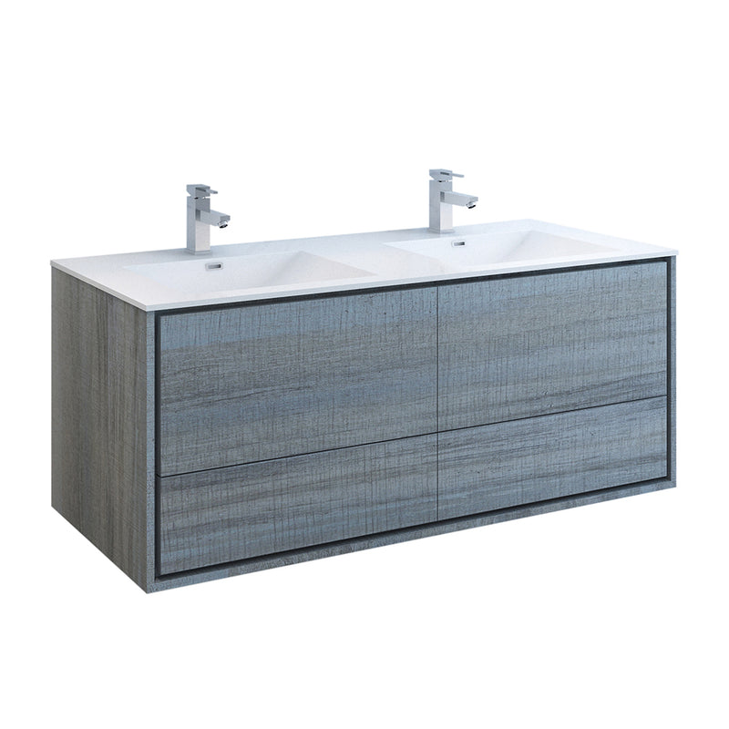 Fresca Catania 60" Ocean Gray Wall Hung Modern Bathroom Cabinet w/ Integrated Double Sink FCB9260OG-D-I