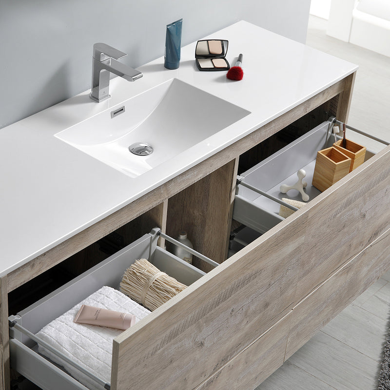 Fresca Catania 60" Rustic Natural Wood Wall Hung Modern Bathroom Cabinet with Integrated Single Sink FCB9260RNW-S-I