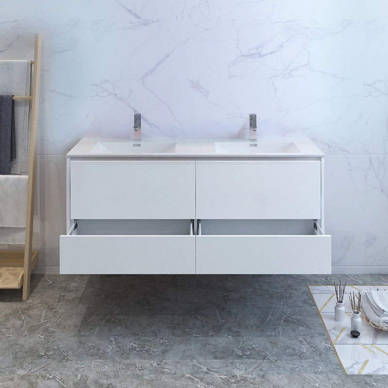 Fresca Catania 60" Glossy White Wall Hung Modern Bathroom Cabinet with Integrated Double Sink FCB9260WH-D-I