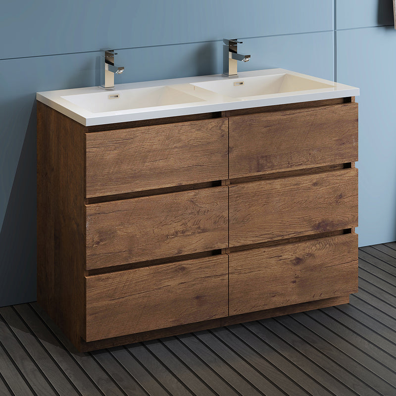 Fresca Lazzaro 48" Rosewood Free Standing Modern Bathroom Cabinet with Integrated Double Sink FCB93-2424RW-D-I