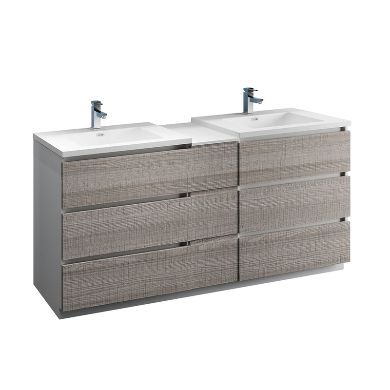 Fresca Lazzaro 72" Glossy Ash Gray Free Standing Double Sink Modern Bathroom Cabinet w/ Integrated Sinks FCB93-301230HA-D-I