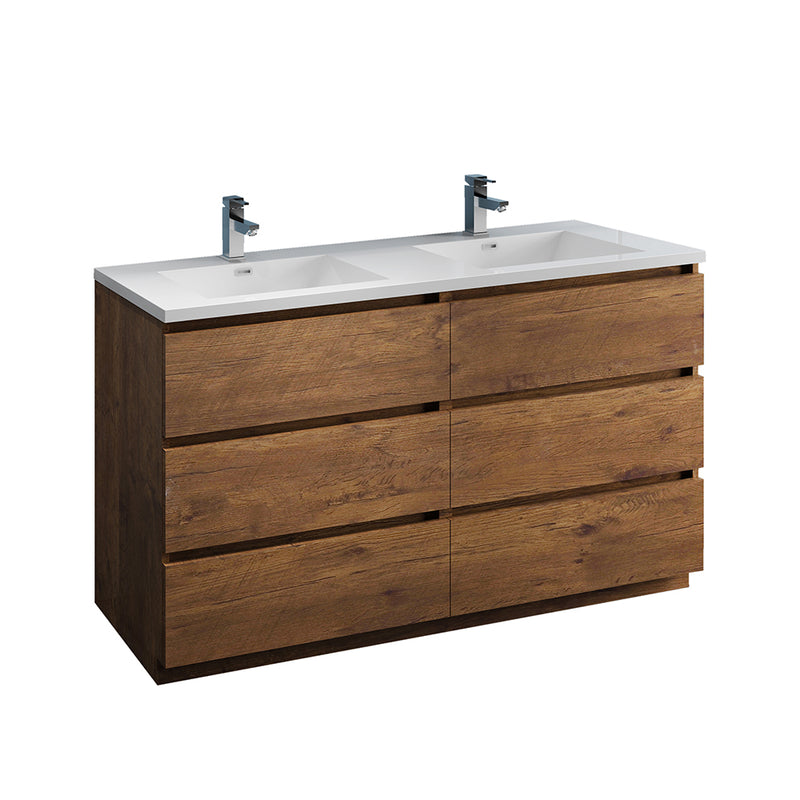 Fresca Lazzaro 60" Rosewood Free Standing Modern Bathroom Cabinet w/ Integrated Double Sink FCB93-3030RW-D-I