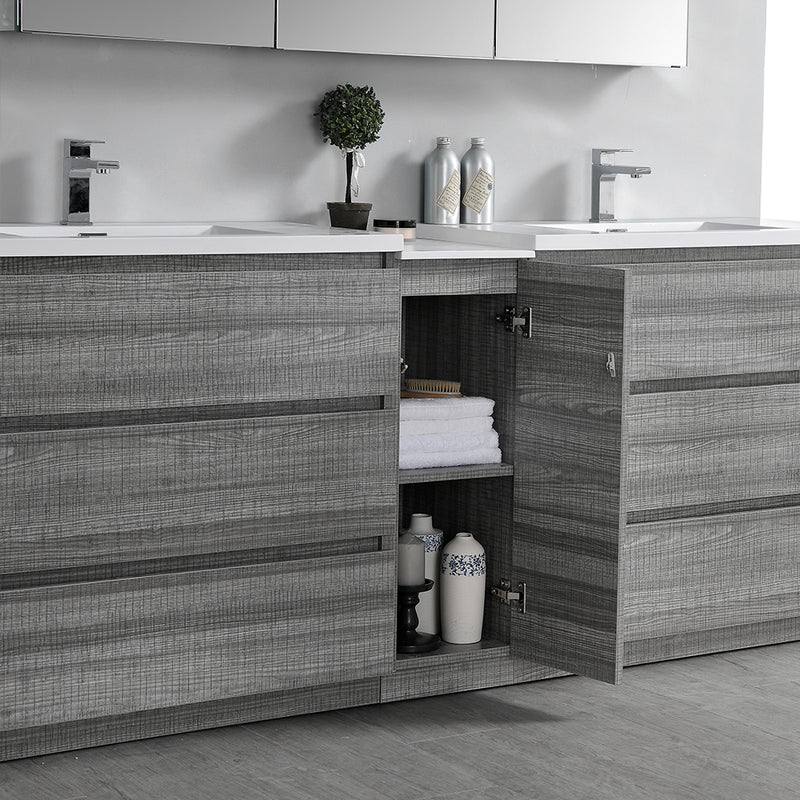 Fresca Lazzaro 84" Glossy Ash Gray Free Standing Double Sink Modern Bathroom Cabinet with Integrated Sinks FCB93-361236HA-D-I