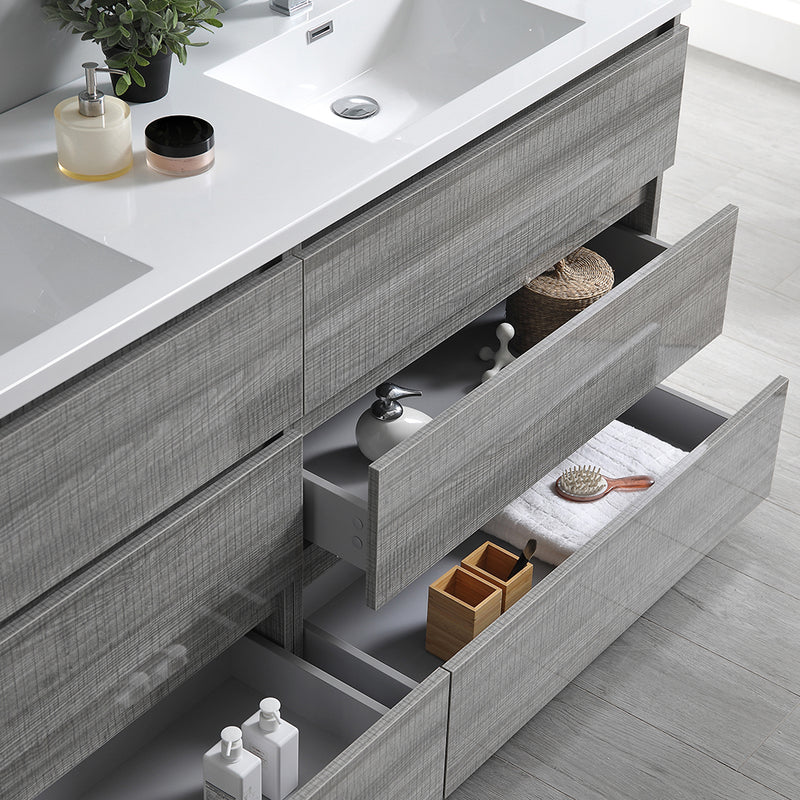 Fresca Lazzaro 72" Glossy Ash Gray Free Standing Modern Bathroom Cabinet with Integrated Double Sink FCB93-3636HA-D-I